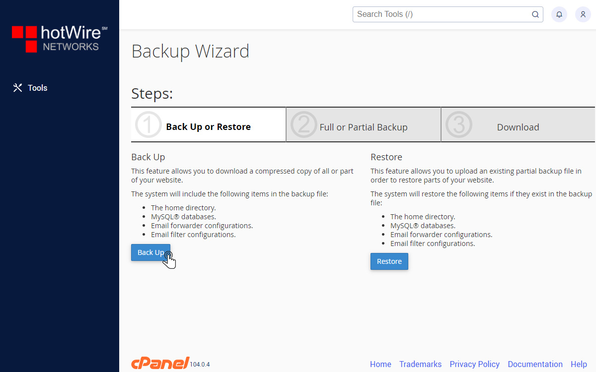 Backup Wizard in cPanel Step 2