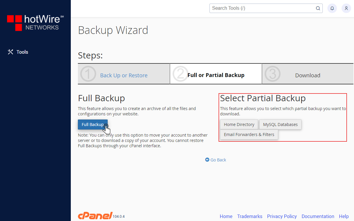 Backup Wizard in cPanel Step 3