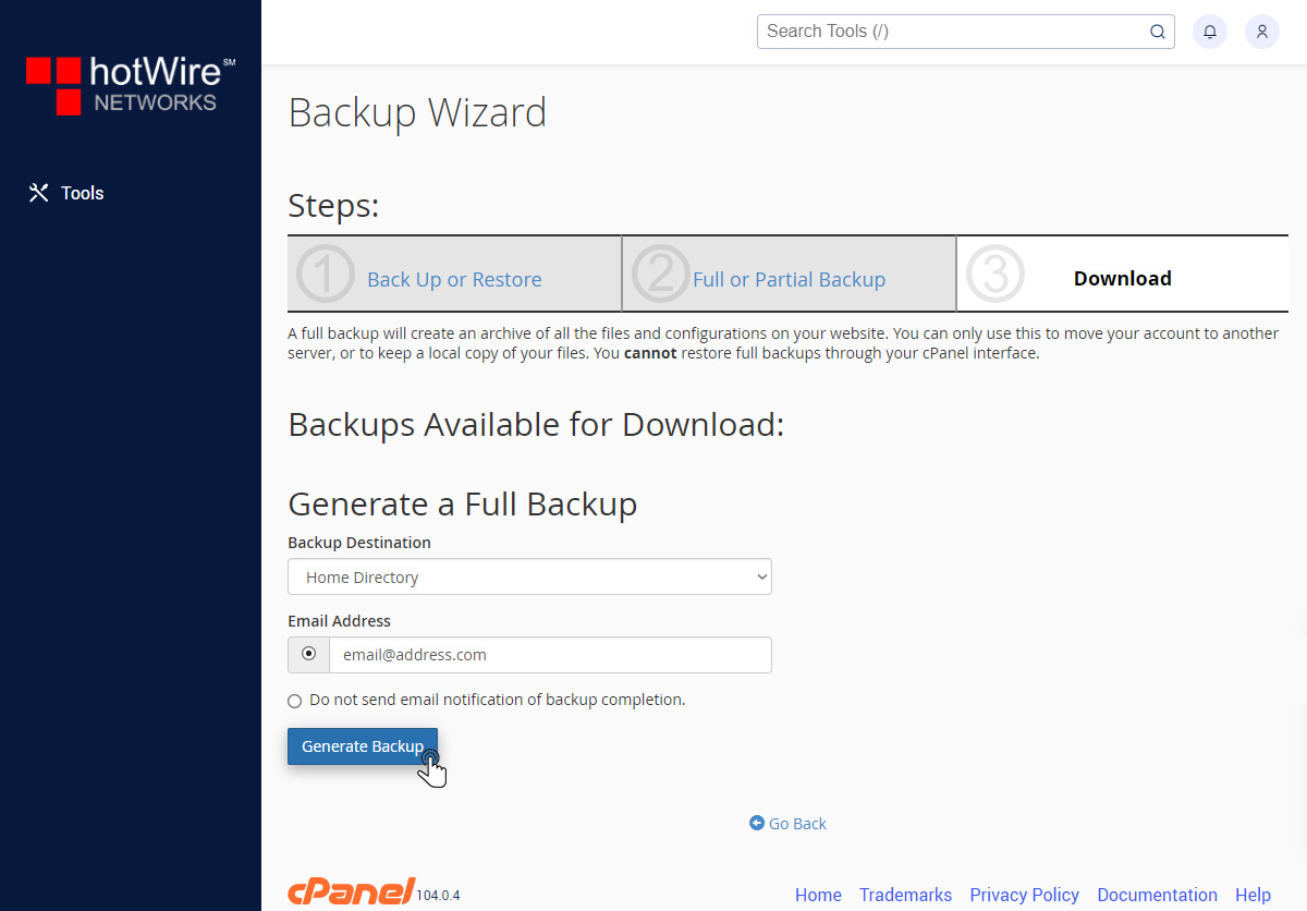 Backup Wizard in cPanel Step 4