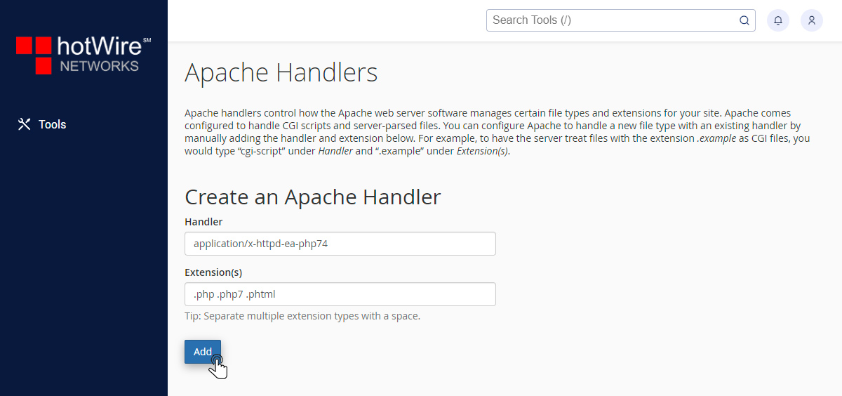 Creating Apache Handlers in cPanel Step 2