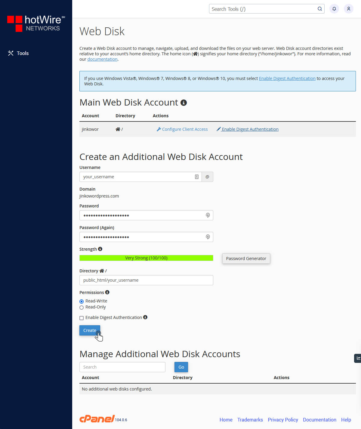 Creating a Web Disk in cPanel Step 2