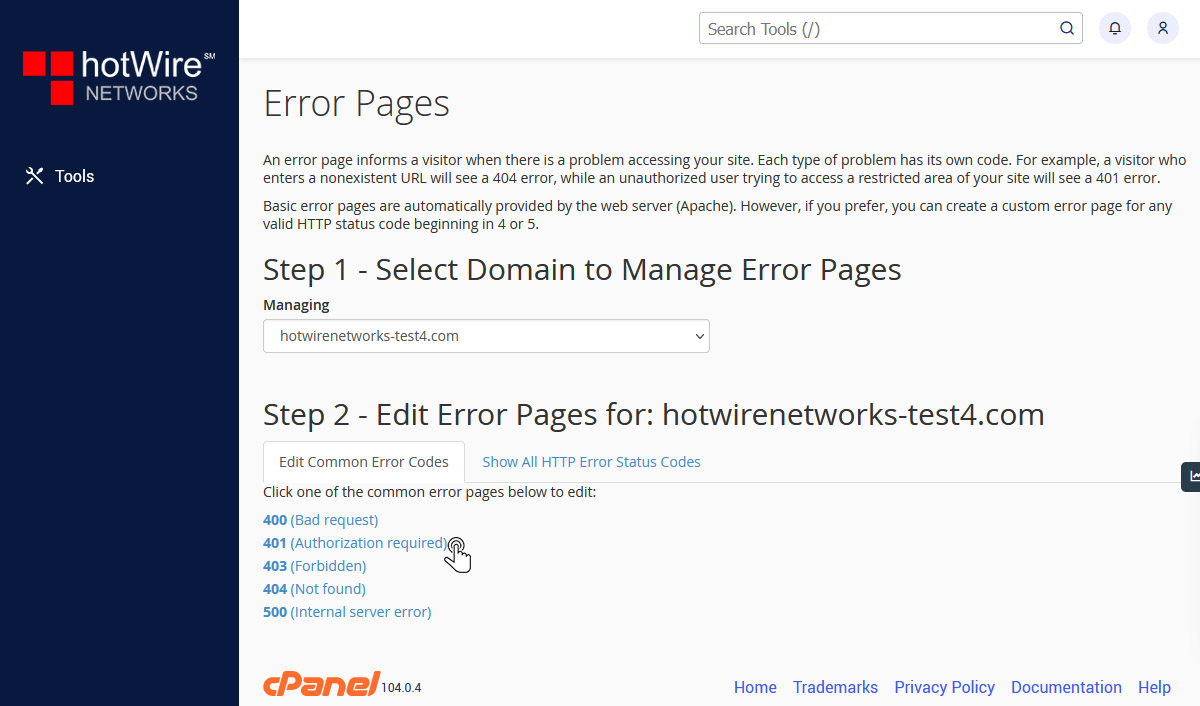 Managing Error Pages in cPanel Step 2
