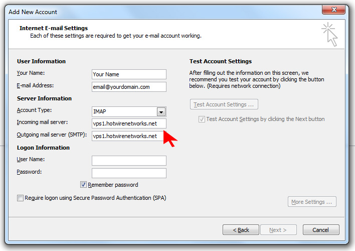How to setup an email account using Microsoft Outlook on Hotwire Networks Shared Servers - Step 10