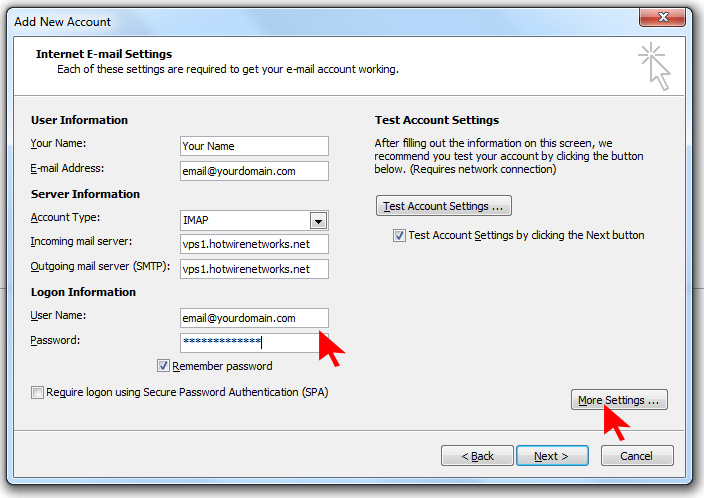 How to setup an email account using Microsoft Outlook on Hotwire Networks Shared Servers - Step 11
