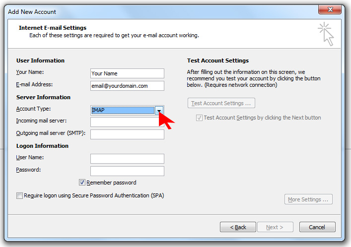 How to setup an email account using Microsoft Outlook on Hotwire Networks Shared Servers - Step 9